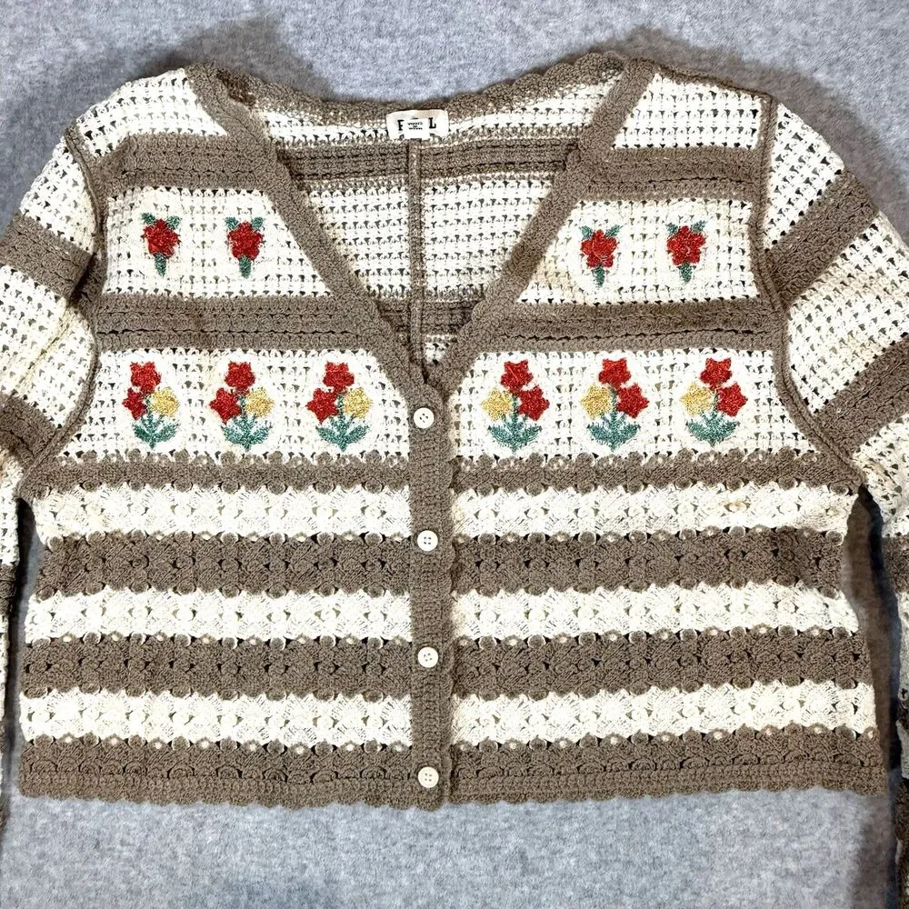POL Crochet Cardigan Sweater Striped Floral Embroidered OS Cottage Boho NEW
